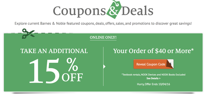 15% off $40 Barnes & Noble order, promo code BNOCTOBER15